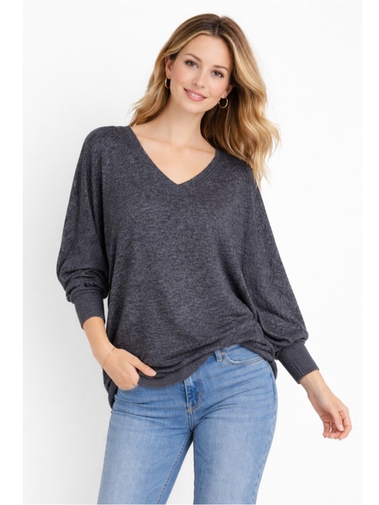 Anthropologie Sweaters - ANTHROPOLOGIE Charcoal Gray V-Neck Dolan Sleeve Sweater